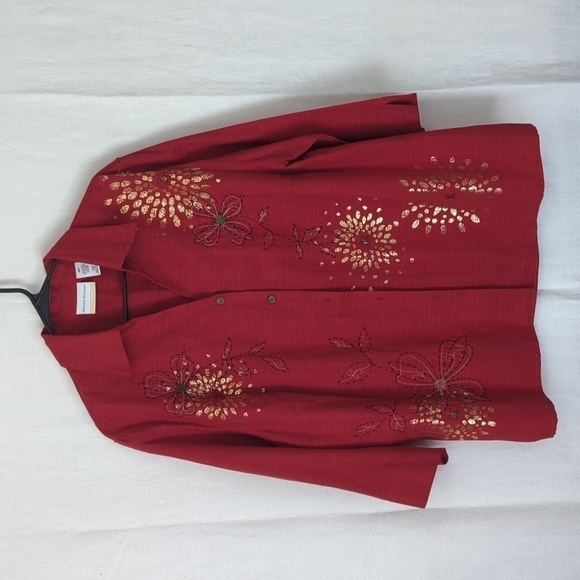 Alfred Dunner Red Metallic Gold Floral Beaded Button Up Layering Top Size 18W - Picture 1 of 8